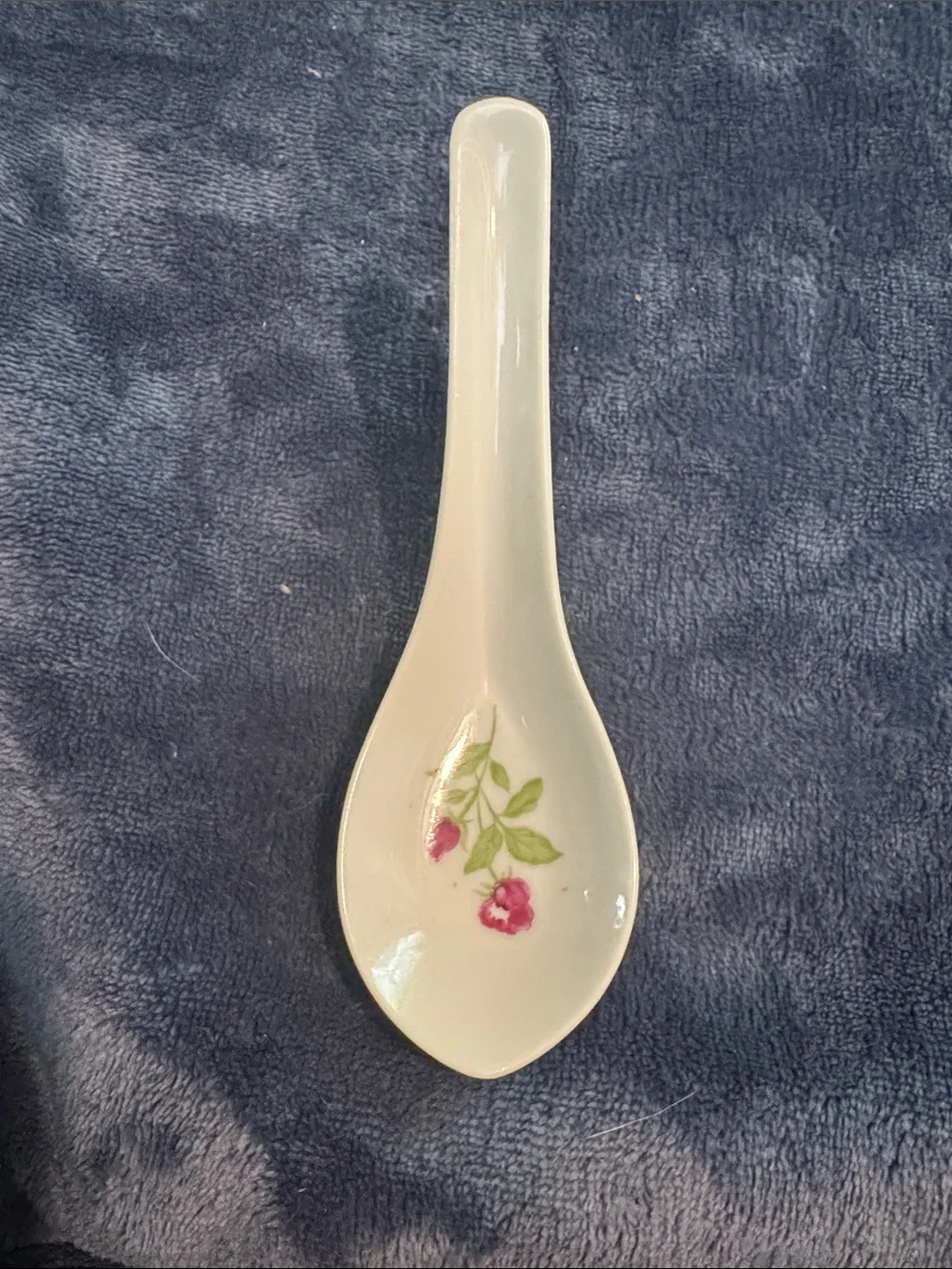 White Ceramic Chinese Soup Spoon with Pink Floral Accent